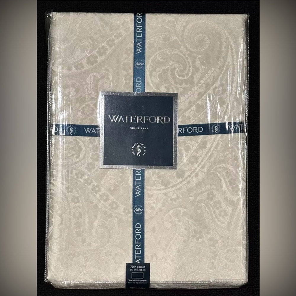 70 x 84 WATERFORD TABLECLOTH NEW LUXURY JACQUARD IVORY PAISLEY SEATS 6-8